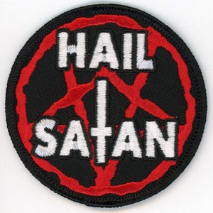 May include: A black and red embroidered patch with a pentagram and the words "Hail Satan" in white.