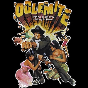 May include: A vintage movie poster for "Dolemite" with the title in large yellow letters. The poster features a central figure in a suit and hat, surrounded by action poses of women in colorful outfits. Text reads "with his all girl army of Kung Fu killers!"