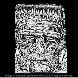 May include: Black and white illustration of a Frankenstein's monster's face. The monster has a stitched forehead, bulging eyes, and a stitched neck.