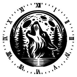 May include: Black and white circular design featuring a howling wolf silhouette against a full moon, surrounded by a clock face with Roman numerals. The wolf is positioned in front of a forest and water.