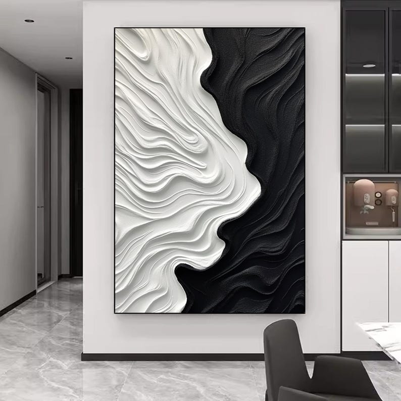 Large 3D Black and White Texture Painting,black White 3D Texture Wall ...