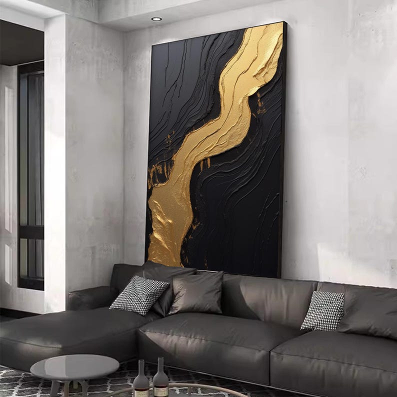 Large Black and Gold Texture Painting on Canvas,black Gold Abstract Minimalist Painting,3d Gold ...