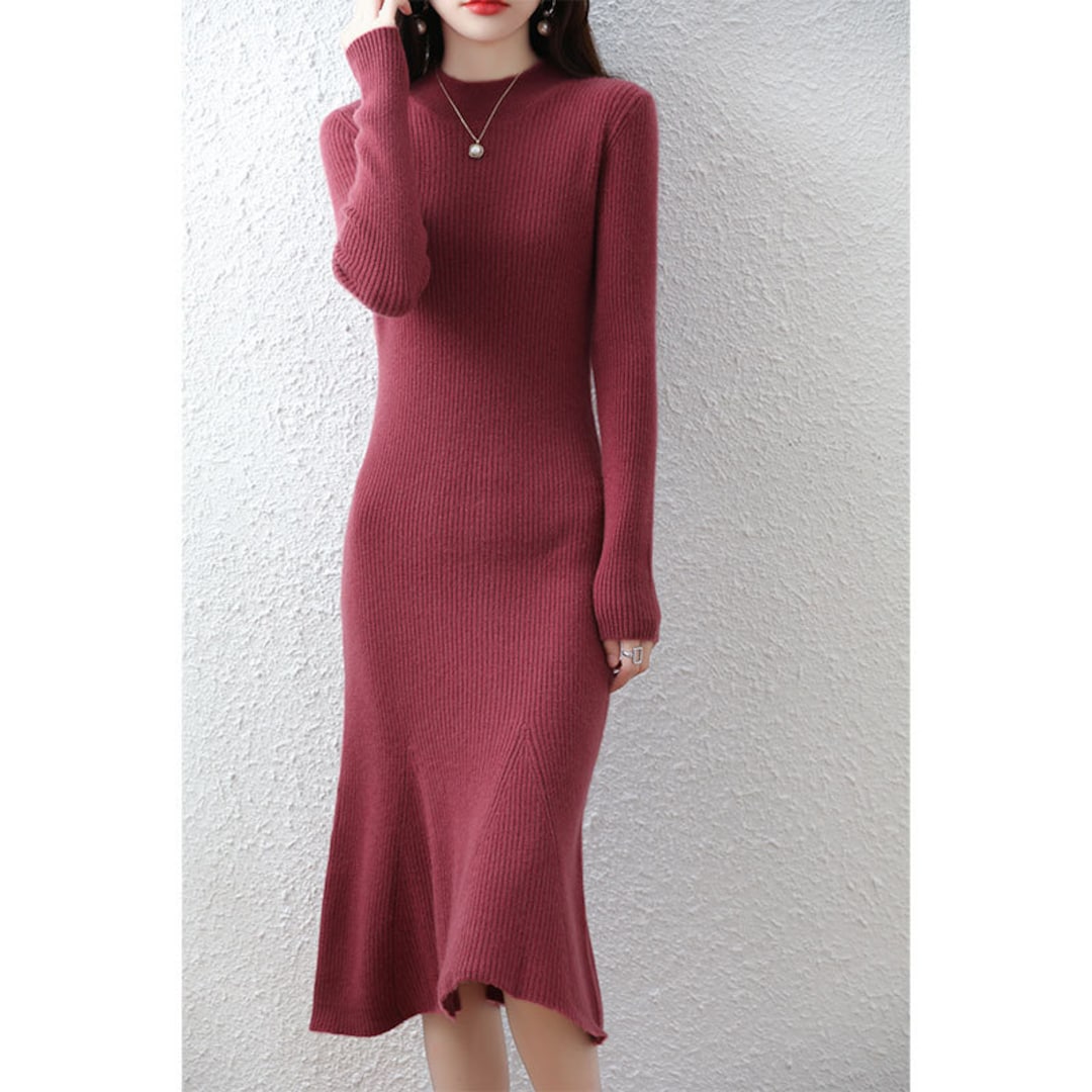 Women Long Sleeves Knitted Dress Winter Pullover Dress Autumn Dress for Women Knit Midi Dress O