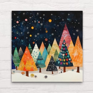 Canvas muurkunst (tweeluik) Helder vrolijk metaal kerstbomen op pinda&#39;s geïnspireerd retro vakantie muurkunst woonkamer modern kleurrijk feestelijk