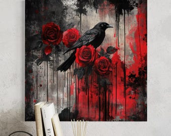 Gothic Raven and Roses Canvas Art | Dark Raven Wall Decor, Blood