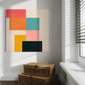 Puede incluir: Impresi&oacute;n de arte geom&eacute;trico abstracto con fondo blanco y cuadrados coloridos en tonos de rosa, naranja, amarillo, turquesa y negro.