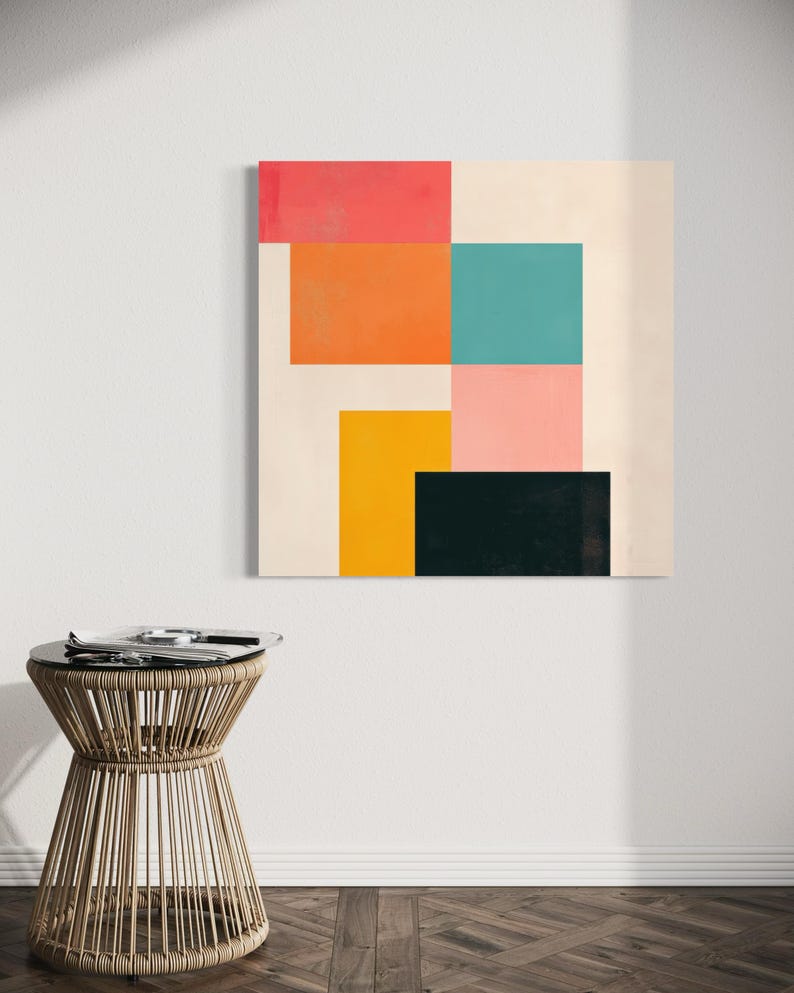 Puede incluir: Impresi&oacute;n de arte geom&eacute;trico abstracto con fondo blanco y cuadrados coloridos en tonos de rosa, naranja, amarillo, turquesa y negro.