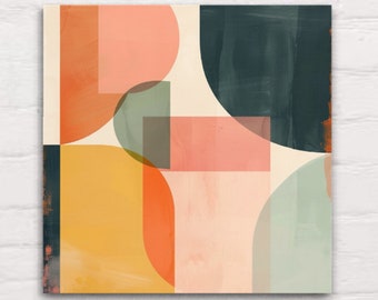 May include: Abstract geometric art print with overlapping circles and squares in shades of orange, yellow, pink, green, and blue on a white background.