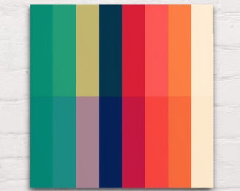 Puede incluir: Impresión de arte abstracto con rayas verticales en tonos de verde azulado, verde, beige, azul marino, burdeos, rojo, naranja y crema.