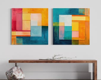 Abstrakt målning på duk väggkonst (diptykset) stor modern geometrisk design samtida heminredning färgglad vardagsrum MCM-konstverk stil