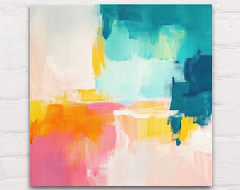Canvas Wall Art (Diptych) Abstract Painting Brush Stroke Vivid Modern Art Collage Wall Art Decor Contemporary | Teal Pink Orange Yellow Aqua