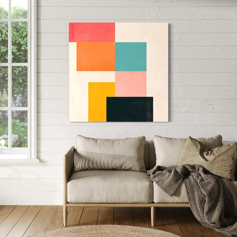Puede incluir: Impresi&oacute;n de arte geom&eacute;trico abstracto con fondo blanco y cuadrados coloridos en rosa, naranja, amarillo, turquesa y negro.