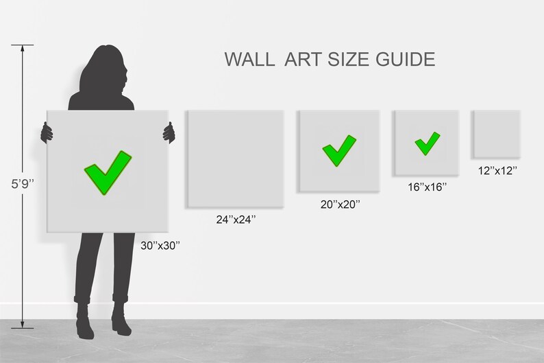 Puede incluir: Una gu&iacute;a de tama&ntilde;o para arte de pared con una silueta de una persona de pie junto a un lienzo de 30" x 30". La gu&iacute;a muestra diferentes tama&ntilde;os de lienzo con marcas de verificaci&oacute;n verdes que indican el tama&ntilde;o recomendado para la altura de la persona. Los tama&ntilde;os son 12" x 12", 16" x 16", 20" x 20", y 24" x 24".