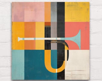 Sztuka ścienna na płótnie Instrument róg trąbka MCM Mid Century Modern Boho Abstrakcyjny kolaż Współczesny wystrój domu Sztuka biurowa Kolorowa sztuka mosiężna
