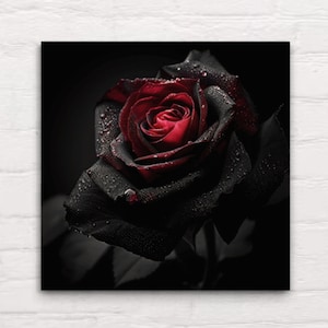 Lienzo Arte de la pared Rosa gótica Pétalos negros Centro rojo Estética oscura Victoriana Floral Misteriosa Estética gótica Decoración del hogar Impresión de arte de pared