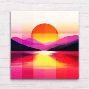 May include: A digital art print of a sunset over a lake with mountains in the background. The sun is a bright orange and yellow, and the lake is a deep pink. The mountains are a soft purple and pink.