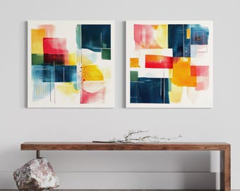 Impresiones de arte mural abstracto (juego de dípticos) / Pintura en lienzo colorida moderna / Composición de formas geométricas / Decoración de oficina contemporánea