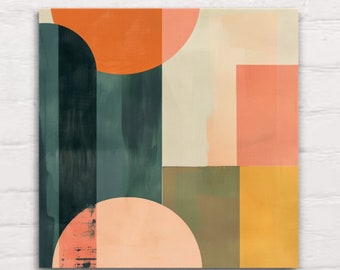 May include: Abstract geometric art print with a mix of peach, orange, yellow, green, and cream colors. The print features overlapping circles and rectangles.