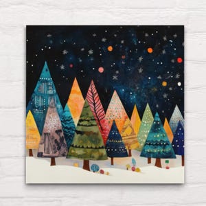 Canvas muurkunst (tweeluik) Helder vrolijk metaal kerstbomen op pinda&#39;s geïnspireerd retro vakantie muurkunst woonkamer modern kleurrijk feestelijk