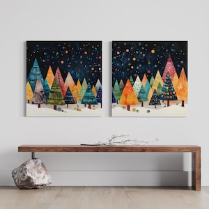 Canvas muurkunst (set van tweeluik) Pinda&#39;s Kerstmis Metaal Kerstbomen Driehoekpatroon Retro Vakantie Woonkamer Muurkunst Boho Feestelijk Decor