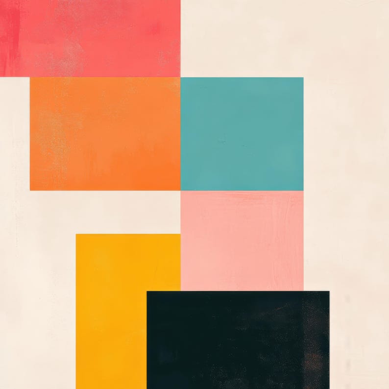 Puede incluir: Impresi&oacute;n de arte geom&eacute;trico abstracto con cinco cuadrados en varios colores: rosa, naranja, turquesa, rosa y negro. Los cuadrados est&aacute;n dispuestos en un patr&oacute;n escalonado.