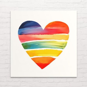 Canvas Wall Art Vibrant Rainbow Heart Print Abstract Watercolor Heart Design for Modern Contemporary Home Decor Office Wall Art LGBTQ Love