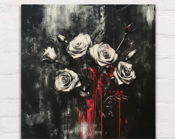May include: A black and white painting of a bouquet of white roses with red paint dripping down the stems. The roses are painted in a realistic style, with detailed petals and leaves. The background is a dark, abstract design.