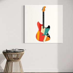 Może przedstawiać: Kolorowa ilustracja gitary elektrycznej w stylu retro. Gitara ma czerwony korpus z pomarańczowymi, ż&oacute;łtymi i niebieskimi akcentami. Szyjka jest czarna z białymi progami, a gł&oacute;wka pomarańczowa. Unikalne dzieło sztuki ściennej.