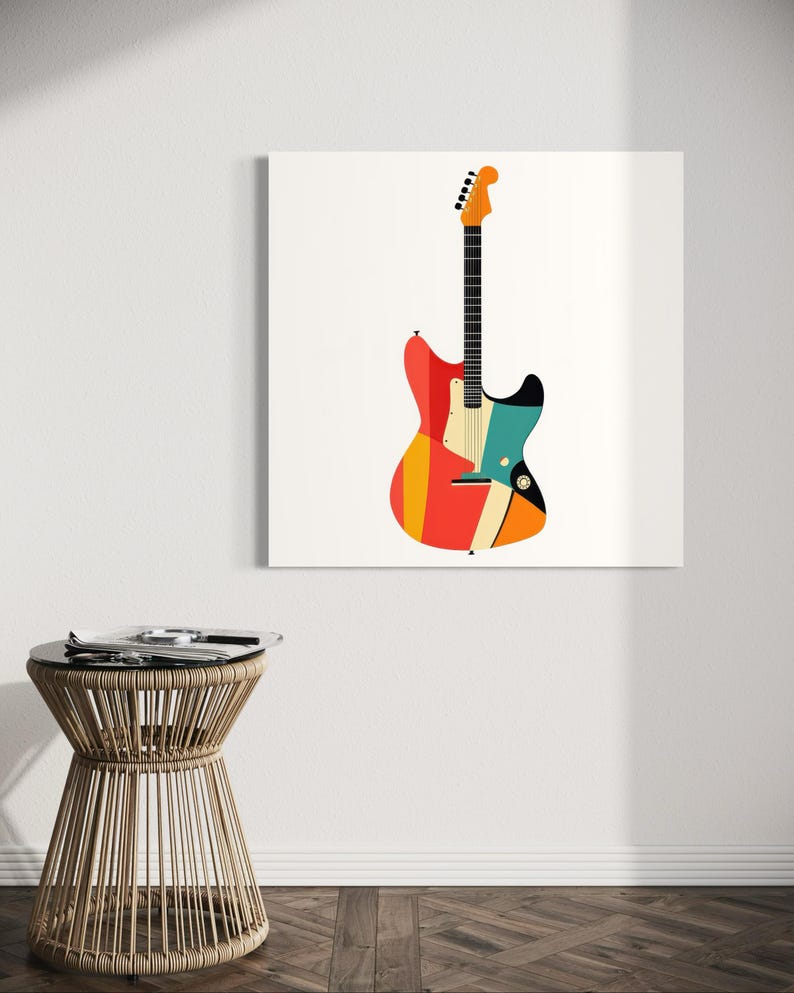 Może przedstawiać: Kolorowa ilustracja gitary elektrycznej w stylu retro. Gitara ma czerwony korpus z pomarańczowymi, ż&oacute;łtymi i niebieskimi akcentami. Szyjka jest czarna z białymi progami, a gł&oacute;wka pomarańczowa. Unikalne dzieło sztuki ściennej.