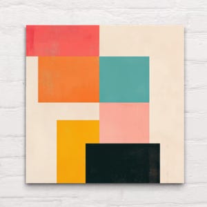 Puede incluir: Impresi&oacute;n de arte geom&eacute;trico abstracto con un dise&ntilde;o colorido que presenta cuadrados en tonos de naranja, rosa, turquesa, amarillo y negro sobre un fondo crema.