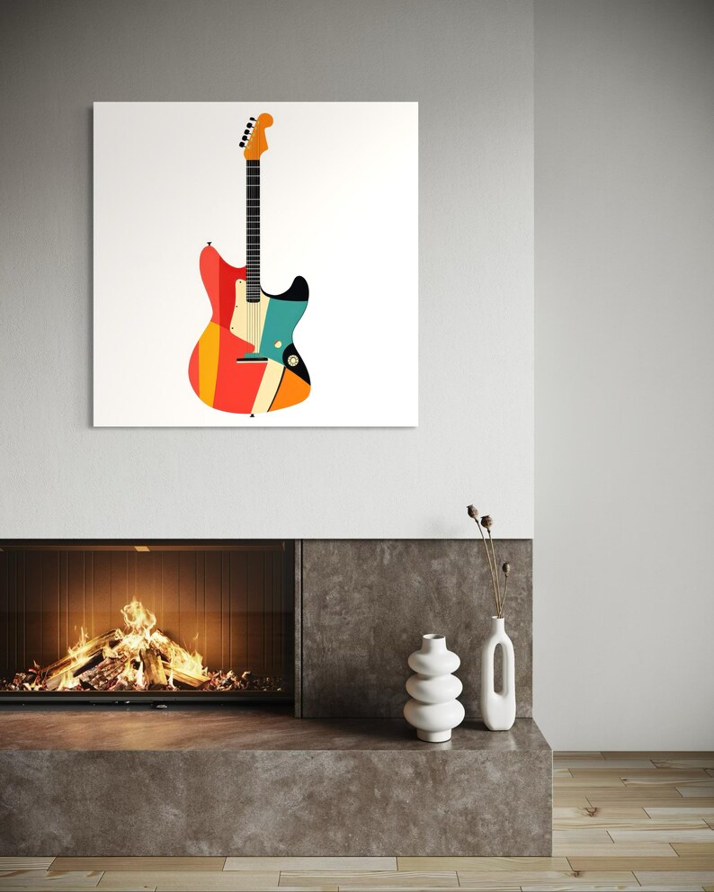 Może przedstawiać: Kolorowy wydruk artystyczny gitary. Gitara elektryczna ma retro design z czerwonymi, pomarańczowymi, ż&oacute;łtymi i niebieskimi sekcjami. Gitara jest umieszczona na białym tle, tworząc uderzający kontrast. Grafika jest wyświetlana nad kominkiem.