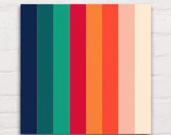 Puede incluir: Una impresión de arte abstracto colorida con rayas verticales en tonos de azul marino, verde azulado, verde, rojo, naranja y crema.