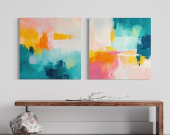 Arte de pared en lienzo (conjunto de díptico) Pintura abstracta Pincelada Vívida Moderna Dinámica Collage Arte Decoración Contemporáneo / Verde azulado Rosa Naranja Amarillo