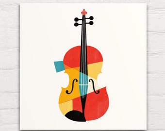 May include: A colorful abstract illustration of a violin with red, yellow, blue, and black geometric shapes.