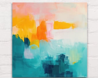 Arte de pared en lienzo (díptico) Pintura abstracta Pincelada Arte moderno vívido Collage Arte de pared Decoración Contemporánea / Verde azulado Rosa Naranja Amarillo Aguamarina