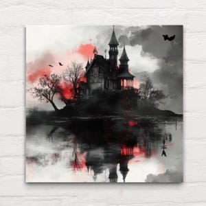 Gothic Haunted Mansion Canvas Art | Dark Aesthetic Castle Reflections Misty Lake | Spooky Red Black Goth Home Decor Living Room or Bedroom