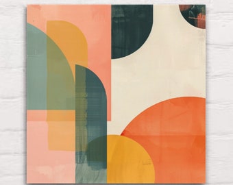May include: Abstract geometric art print with a pink, orange, yellow, green, and blue color scheme. The print features overlapping circles and semi-circles.