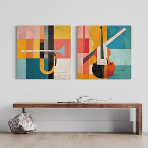 May include: Two abstract paintings with geometric shapes in shades of yellow, orange, red, blue, and green. The left painting features a trumpet, while the right painting features a double bass.