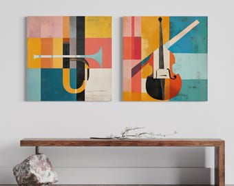 Sztuka ścienna na płótnie (zestaw dyptyków) Instrumenty Mid Century Modern Boho Abstrakcyjny kolaż Współczesny wystrój Sztuka biurowa Kolorowa sztuka sznurkowa Mosiądz