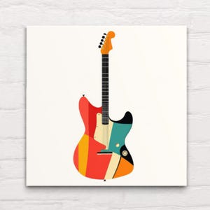Może przedstawiać: Kolorowa, stylizowana ilustracja gitary elektrycznej. Gitara ma czerwony korpus z ż&oacute;łtymi i pomarańczowymi akcentami, czarną szyjkę oraz turkusowo-czarną sekcję. Gł&oacute;wka jest pomarańczowa.