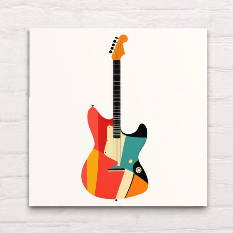 Może przedstawiać: Kolorowa, stylizowana ilustracja gitary elektrycznej. Gitara ma czerwony korpus z ż&oacute;łtymi i pomarańczowymi akcentami, czarną szyjkę oraz turkusowo-czarną sekcję. Gł&oacute;wka jest pomarańczowa.