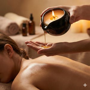 May include: A black ceramic candle with a lit flame is pouring oil onto a person's hand. The oil is a golden color. The scene suggests a spa or massage setting, with a person lying face down.
