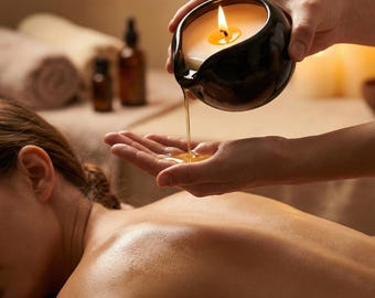 Organic Soy Massage Candle & Warm Body Oil, 5oz Romantic Couples Spa Self Care Box