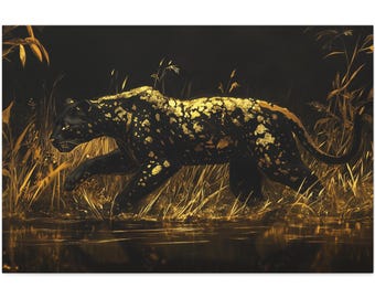 Gold Leaf Black Panther Canvas Art: Modern Big Cat Wall Decor