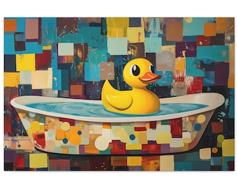 Cuadro decorativo de bañera con patito de goma: Decoración de pared para baño con un toque de fantasía.