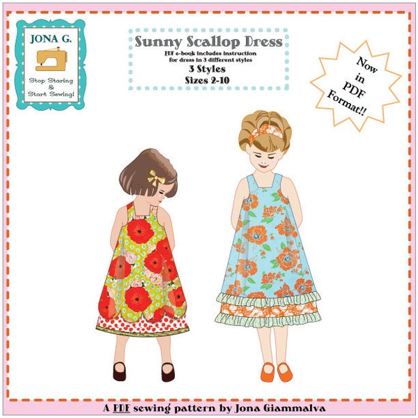 Sunny Scallop Dress, aline dress, Now an e-Book, PDF downloadable pattern, sewing pattern dress, toddler dress, instant download,sz 2-10