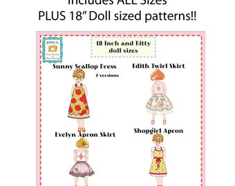 PDF Bundle - More than 35% off - 5 patterns - Edith Twirl Skirt,Evelyn Apron Skirt,Shopgirl Apron, Sunny Scallop Dress, AND 18" doll pattern