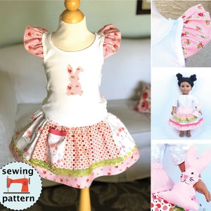 Includes matching doll skirt Evelyn Apron Twirl Skirt PDF Sewing Pattern Instructions for Girls 2T 10, ruffles, bunny sewing pdf pattern image 1