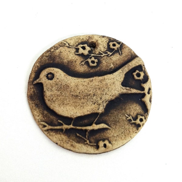 Song Bird Charm, Clay Pendant, Jewelry Supplies, Bird on Branch Pottery Charm, Jewelry Making, Focal Piece, Mosaic Supply