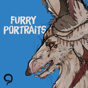 May include: Illustration of a furry creature's face with sharp teeth, adorned with decorative elements. The text "FURRY PORTRAITS" is displayed in white letters against a blue background. The artwork has a detailed, artistic style.